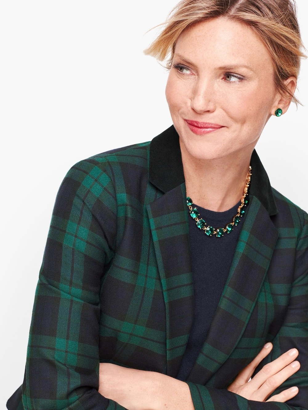Talbots Green and Navy Plaid Open-Front Blazer